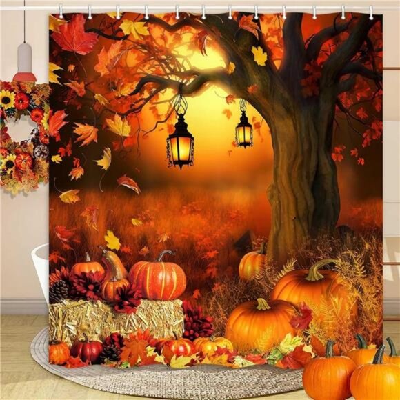 New Fall Harvest Pumpkin Shower Curtain w/Autumn Leaves -69x70" Farmhouse Decor - Picture 2 of 7
